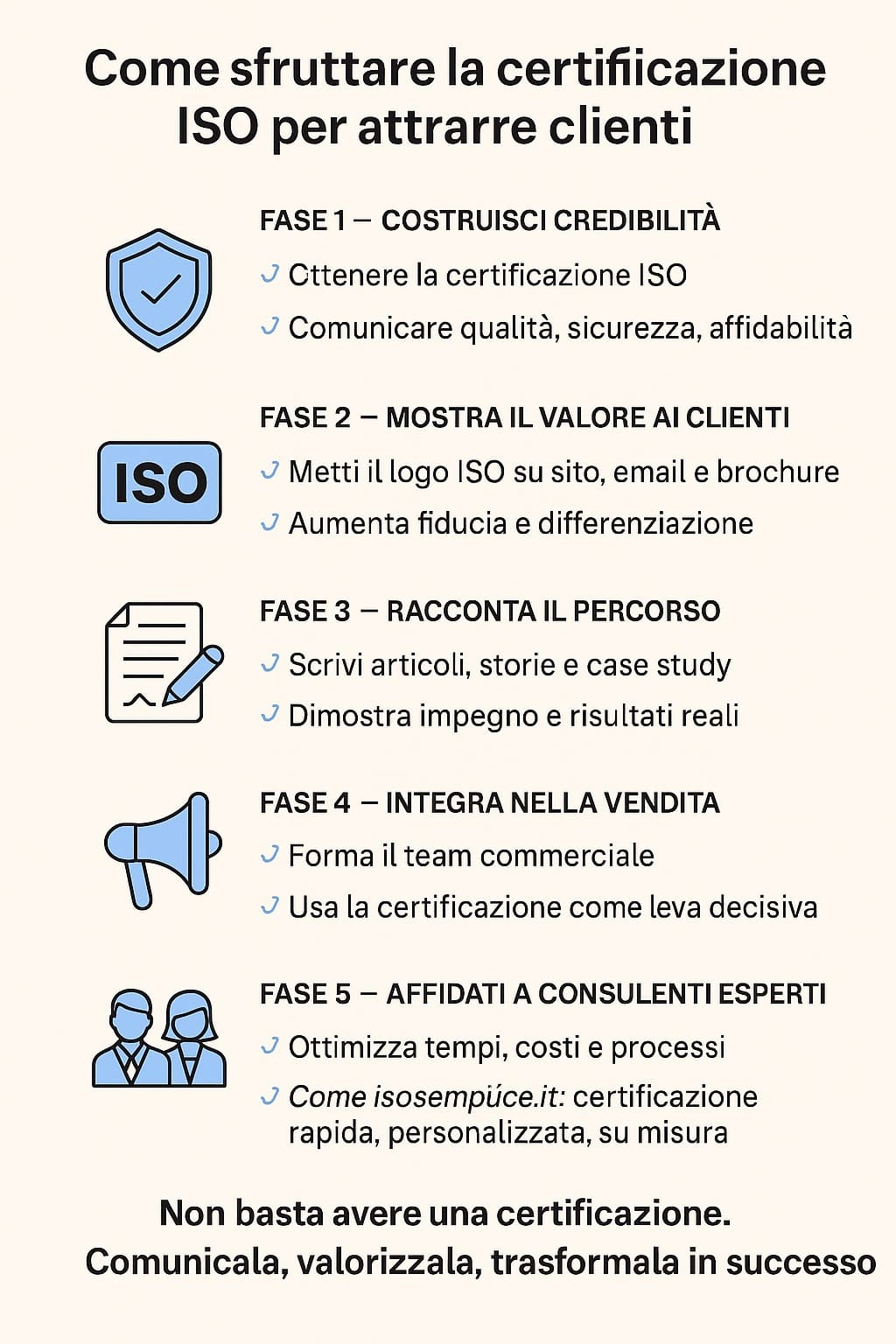Strategie pratiche per valorizzare la certificazione ISO e conquistare nuovi clienti Infografica su come sfruttare la certificazione ISO per attrarre clienti